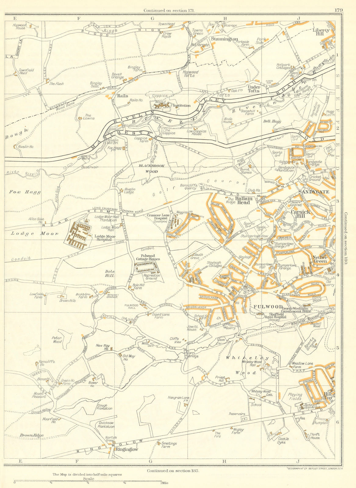 SHEFFIELD Fulwood Sandygate Under Tofts Ranmoor Whiteley Wood 1935 old map